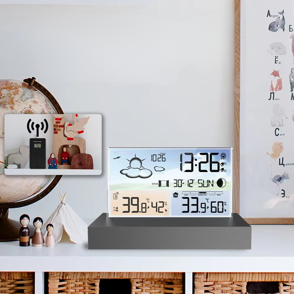Digital clock with weather display on a shelf with decorative items