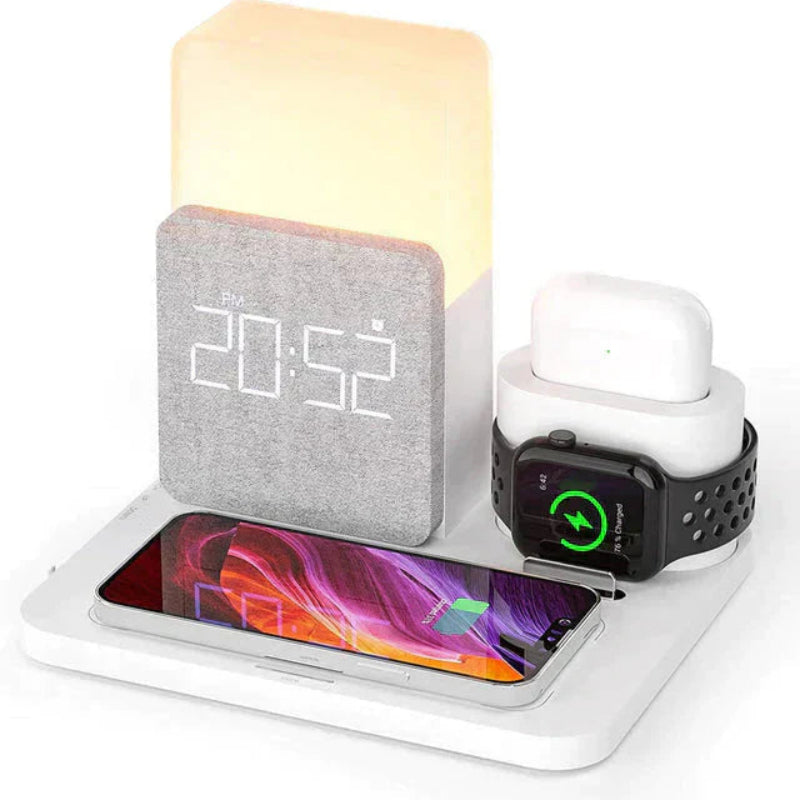 4-in-1 Fast Wireless Charger Station with Alarm Clock and Adjustable Lamp for Multiple Devices 1