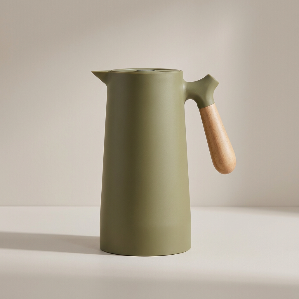 Green ceramic pitcher with a wooden handle on a beige background