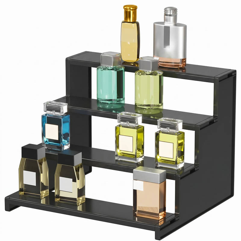 Black multi-tiered display shelf with various small bottles on a white background