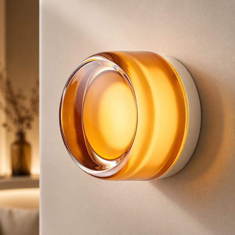 A modern cylindrical wall sconce with a warm amber-tinted glass shade and a white base, mounted on a beige wall and casting a soft glow.