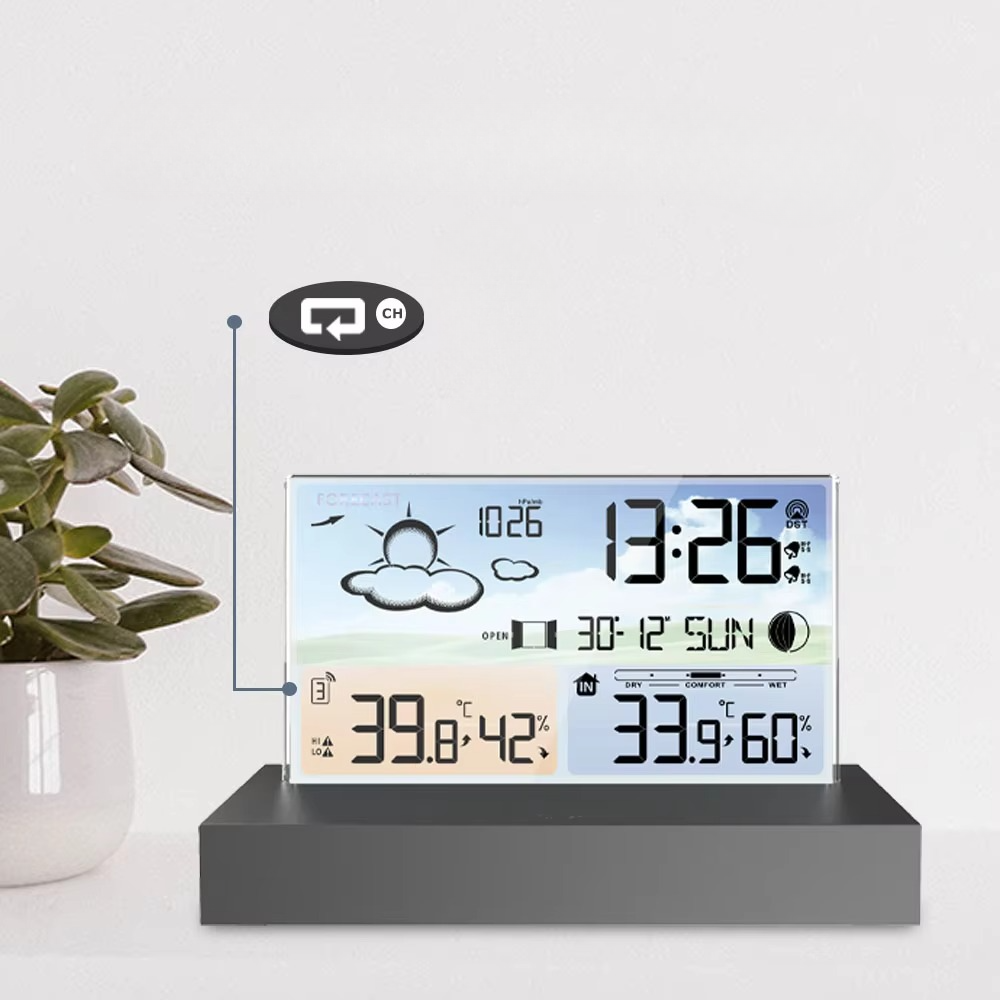 Digital clock with weather display on a white background