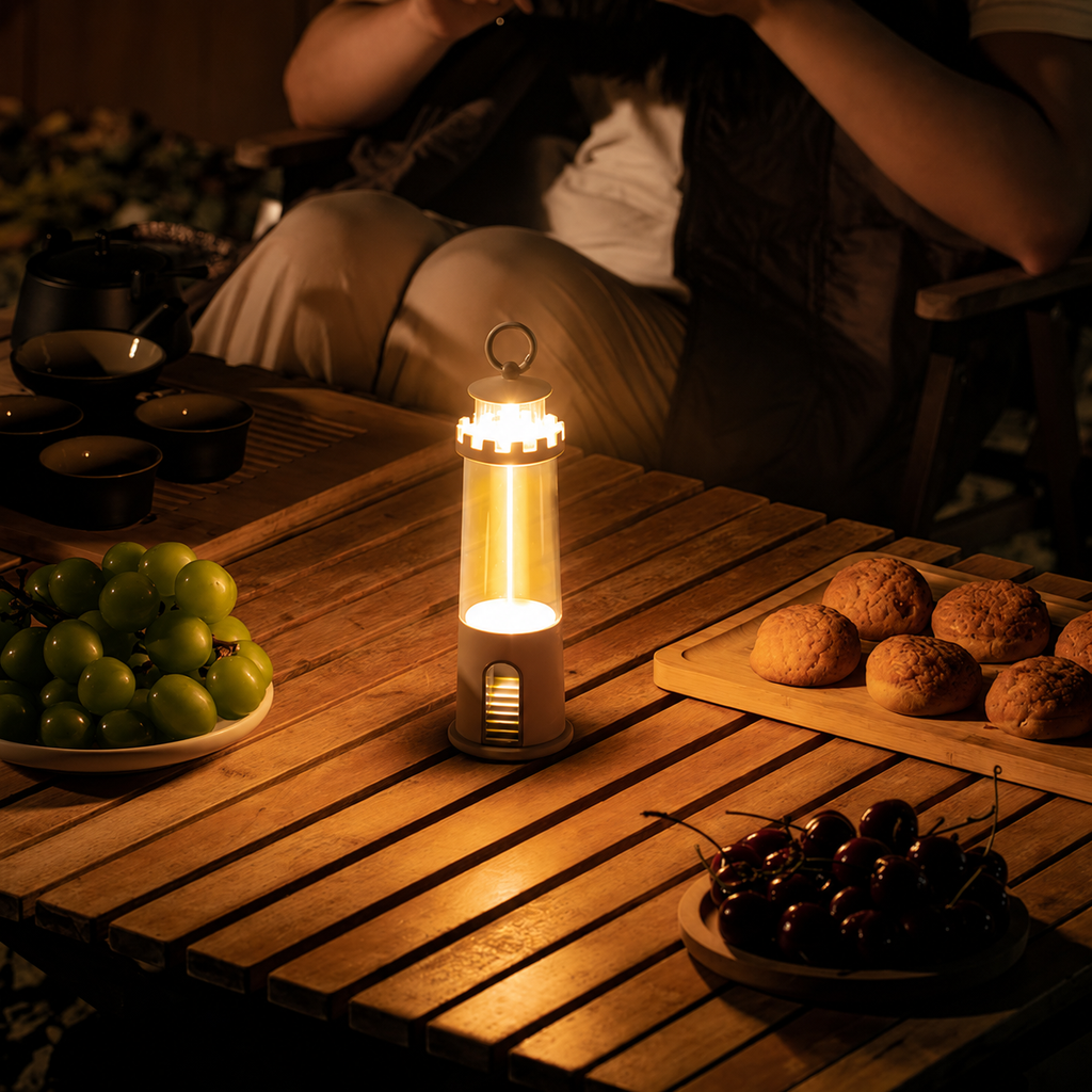 Wooden table with a lantern, grapes, bread, and cherries in a dimly lit setting.