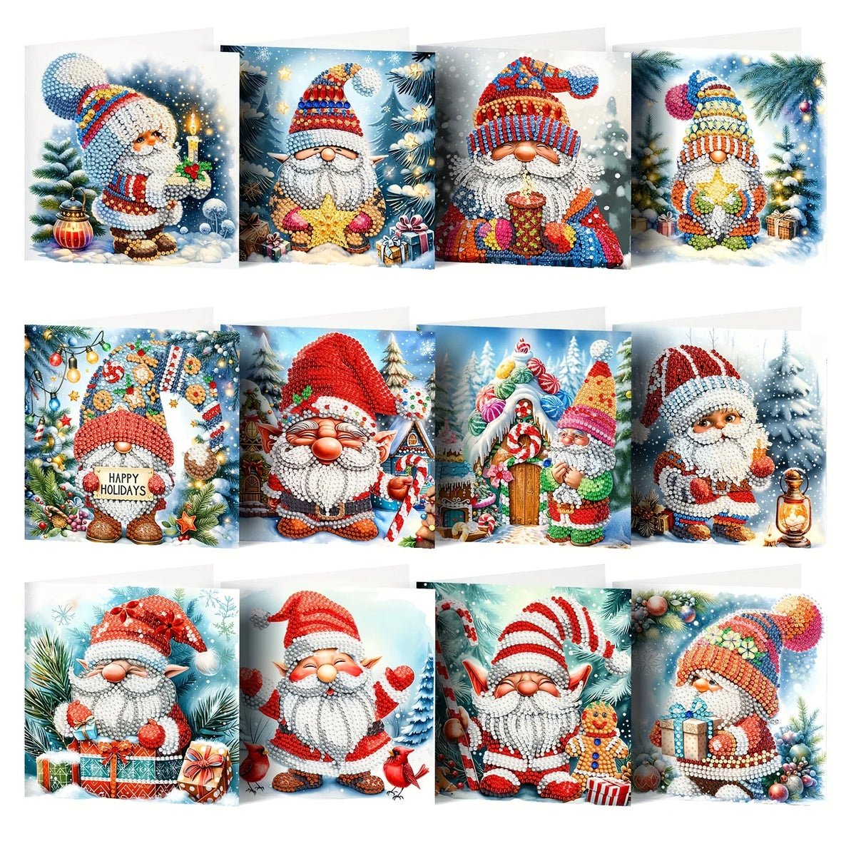 DIY 5D Diamond Painting Christmas Greeting Cards Set – 12 Handmade Santa Claus Designs with Envelopes 0