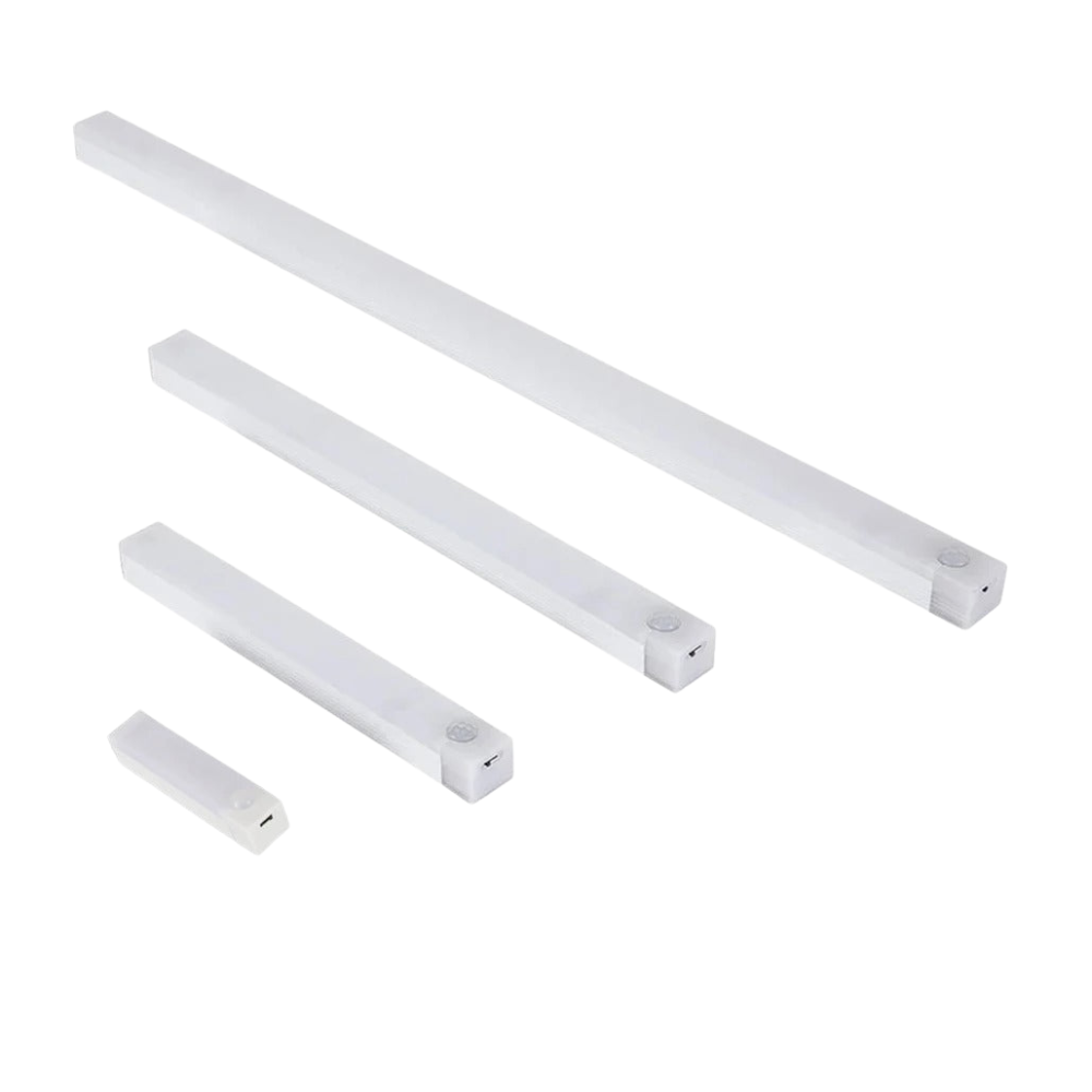 Set of five white LED light strips on a white background