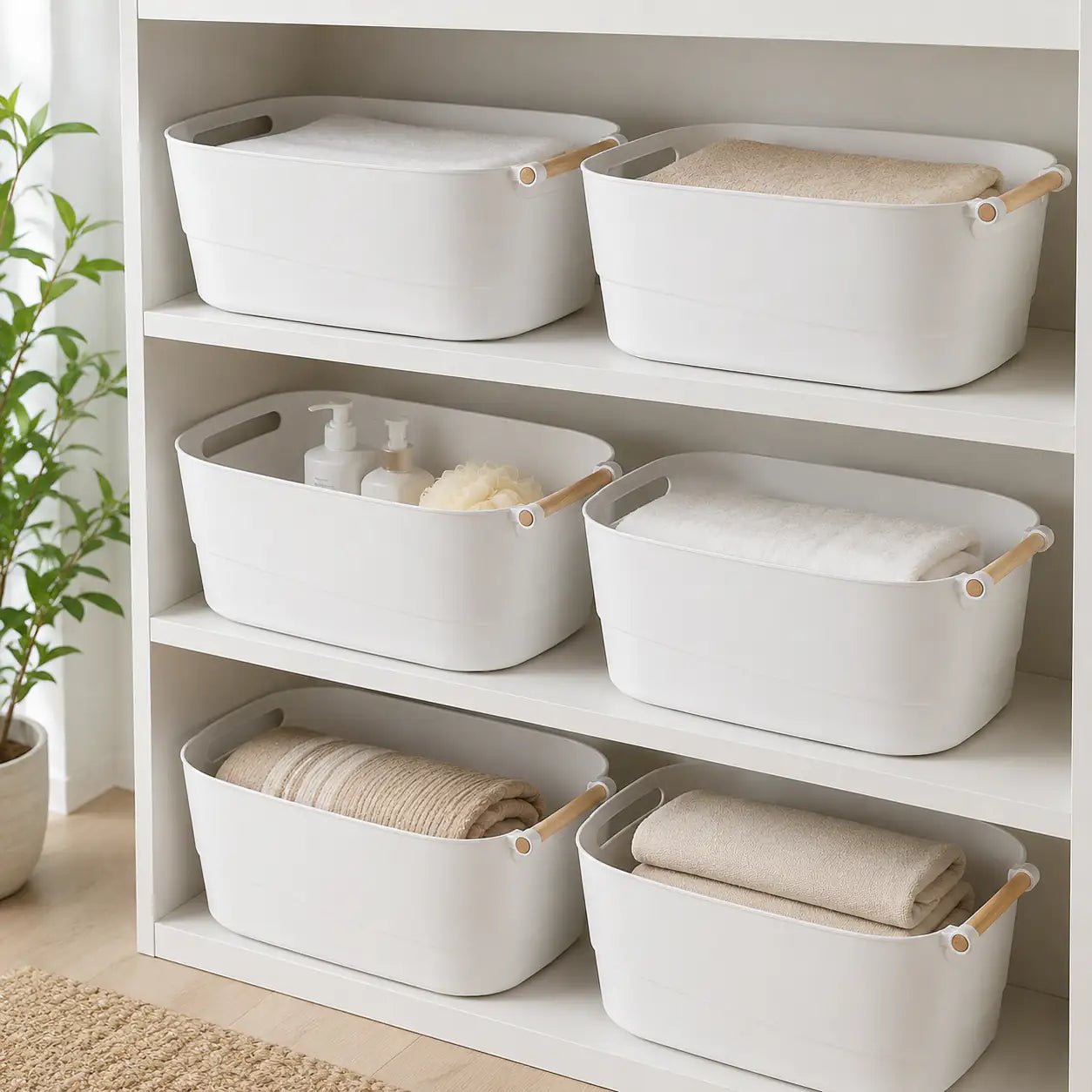 6-Piece Plastic Storage Tub Set with Wooden Handles for Organized Pantry 0