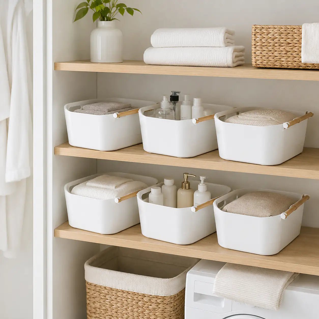 6-Piece Plastic Storage Tub Set with Wooden Handles for Organized Pantry 1