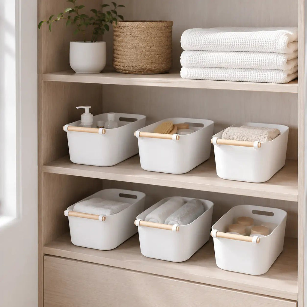 6-Piece Plastic Storage Tub Set with Wooden Handles for Organized Pantry 2