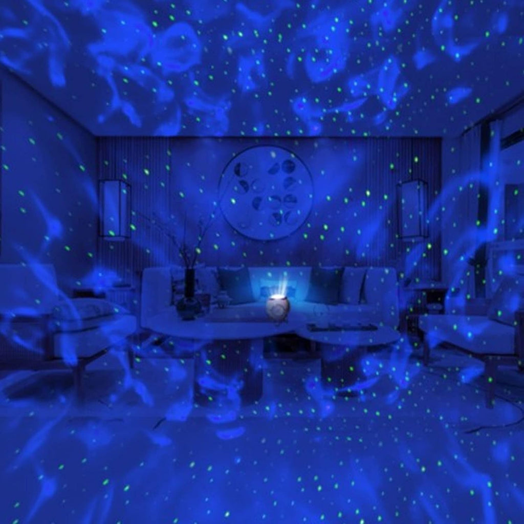 Living room with starry night light projector on ceiling