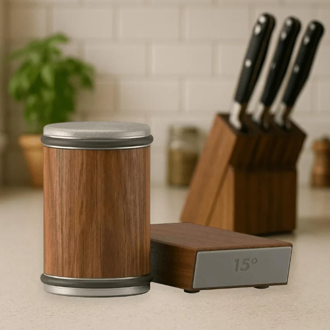 Wooden kitchen container with metallic lid on a countertop, with a knife block in the background.