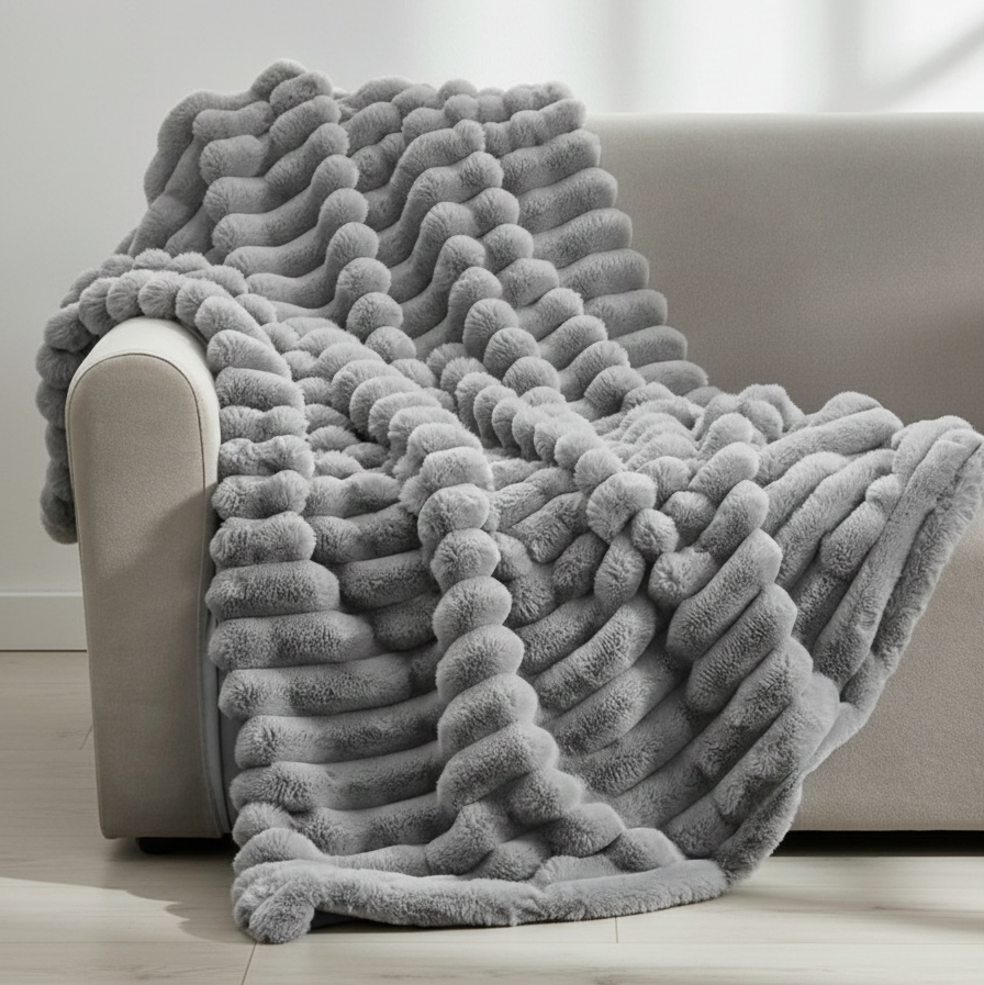 Gray textured blanket draped over a sofa in a room with light-colored walls and floor.