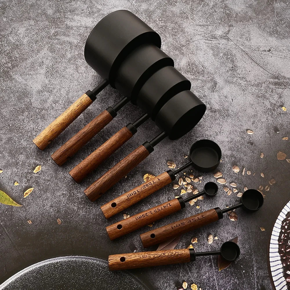 8-Piece Stainless Steel Measuring Cups & Spoons Set with Oak Handles 0