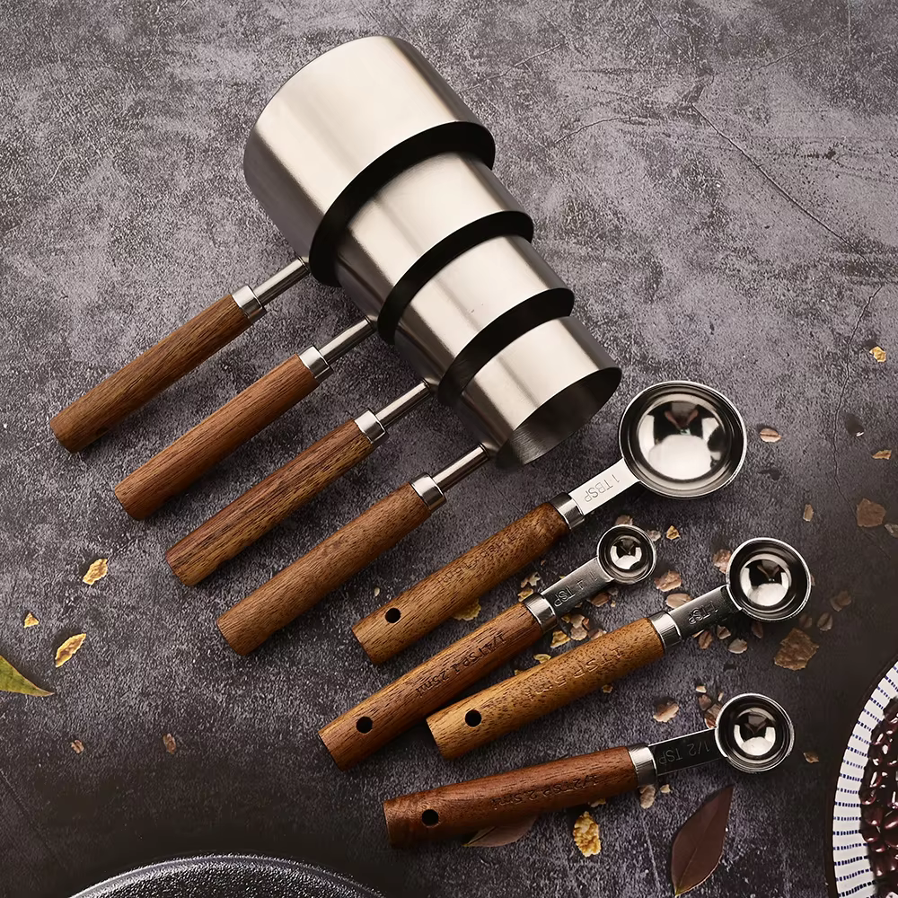 8-Piece Stainless Steel Measuring Cups & Spoons Set with Oak Handles 1