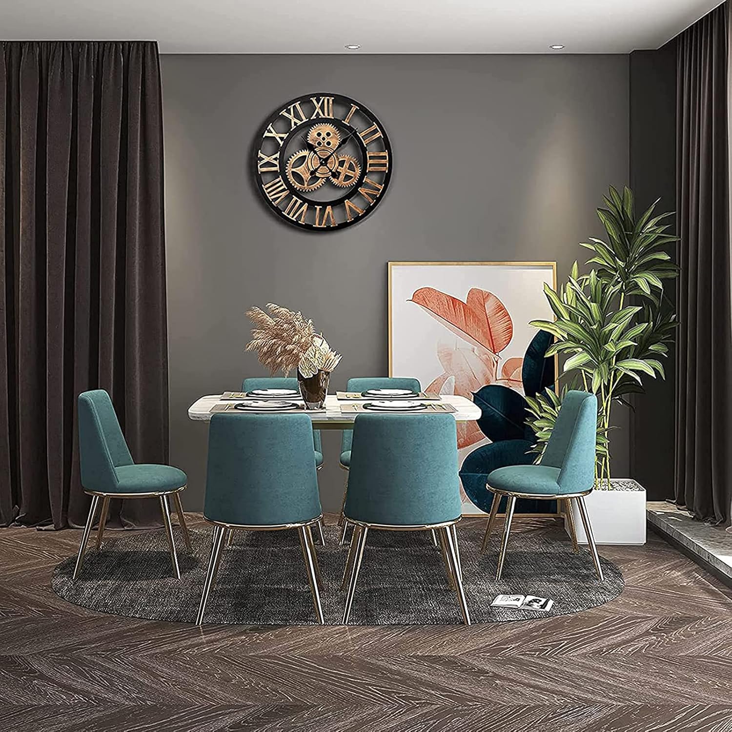 Modern dining room with teal chairs, a round clock, and decorative elements.