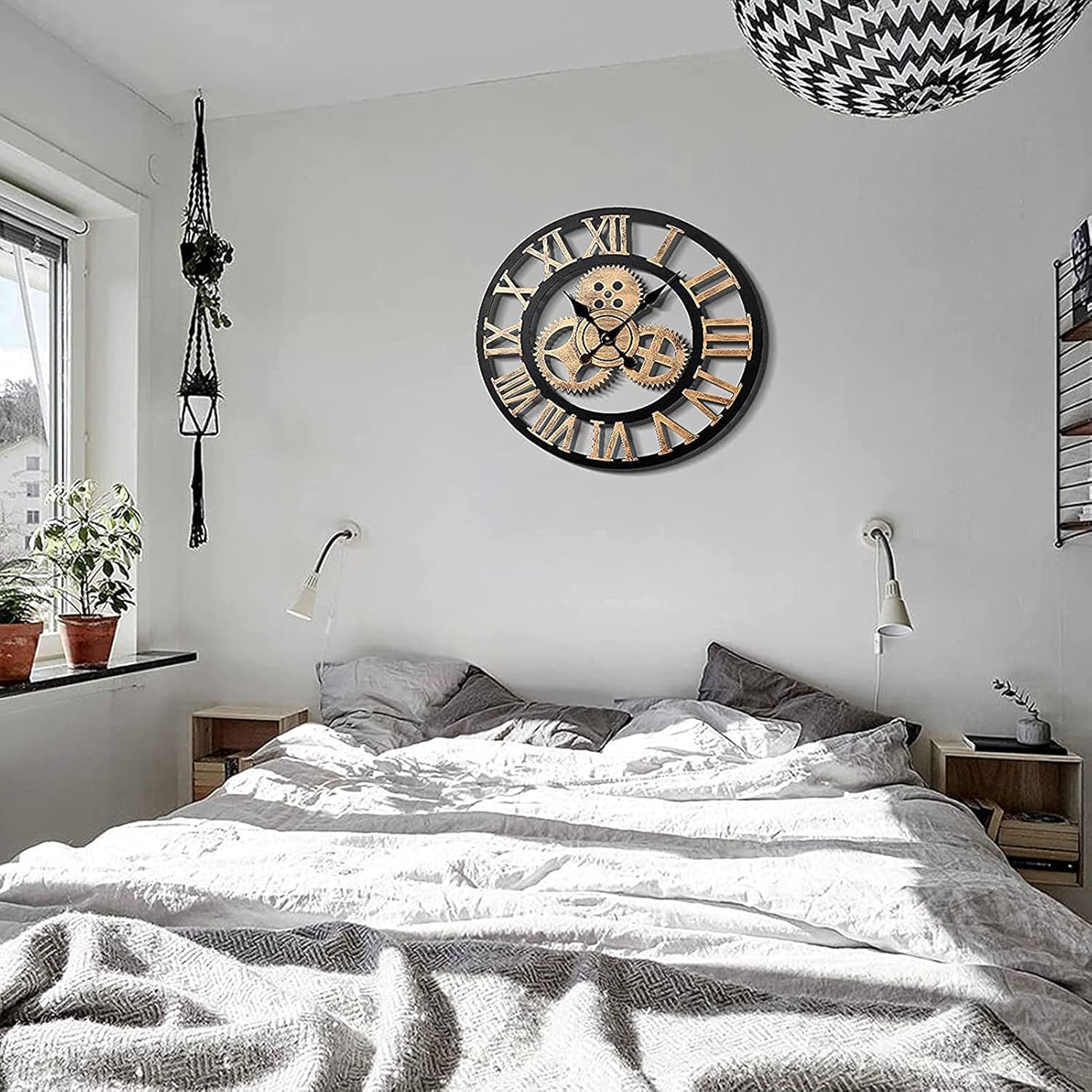 Modern bedroom with a large wall clock, bed, and decorative elements.