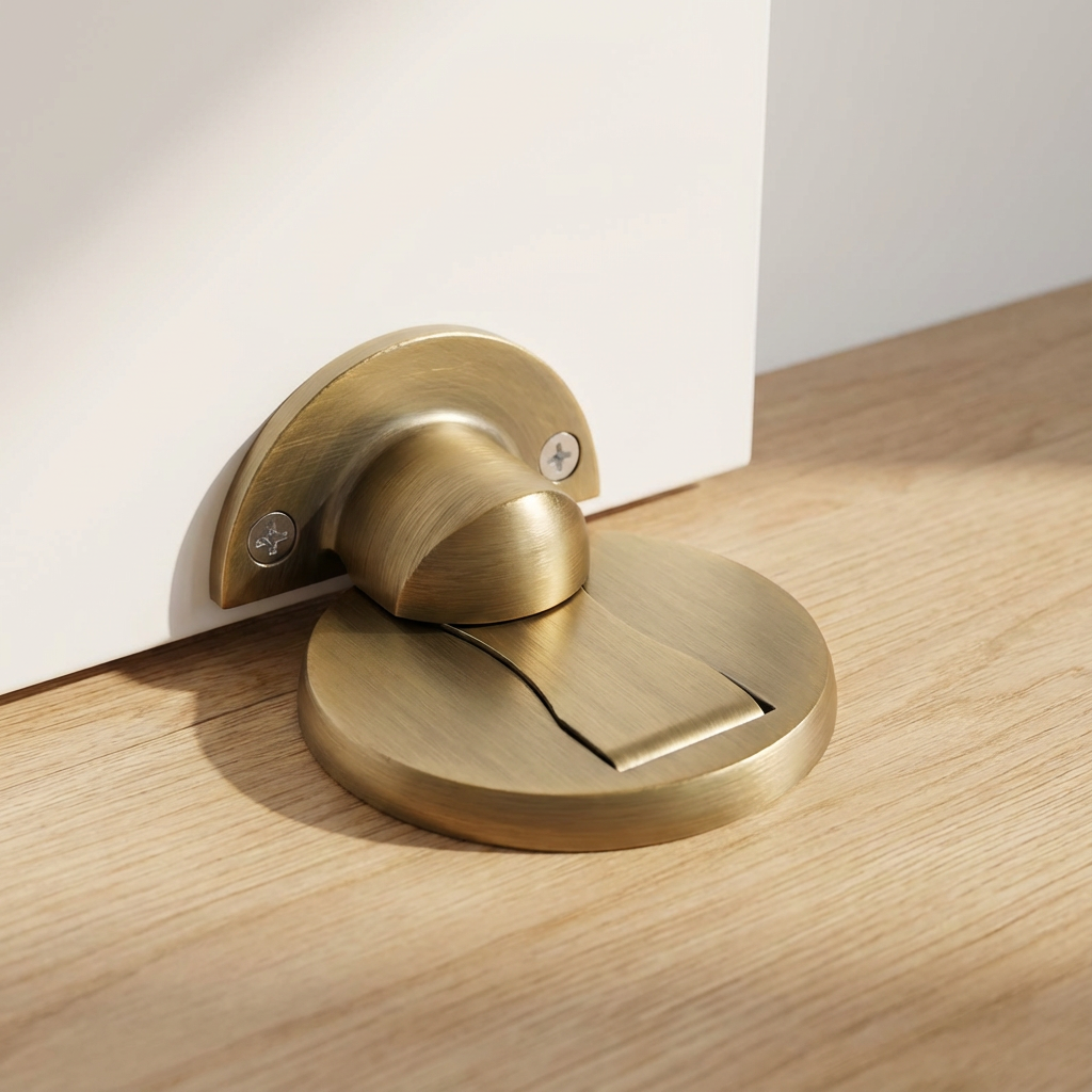 Brass door stopper on a wooden surface with a neutral background