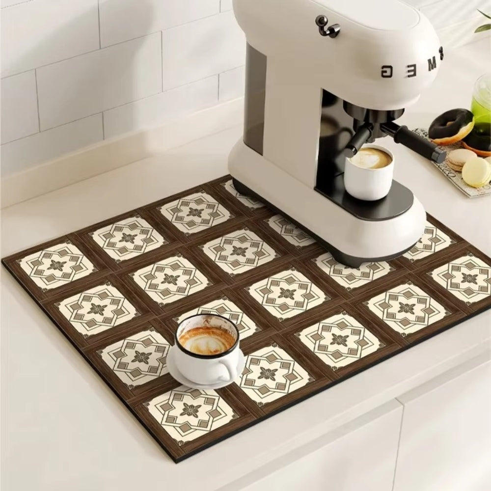 Kitchen mat with coffee cups and a coffee machine on a tiled floor
