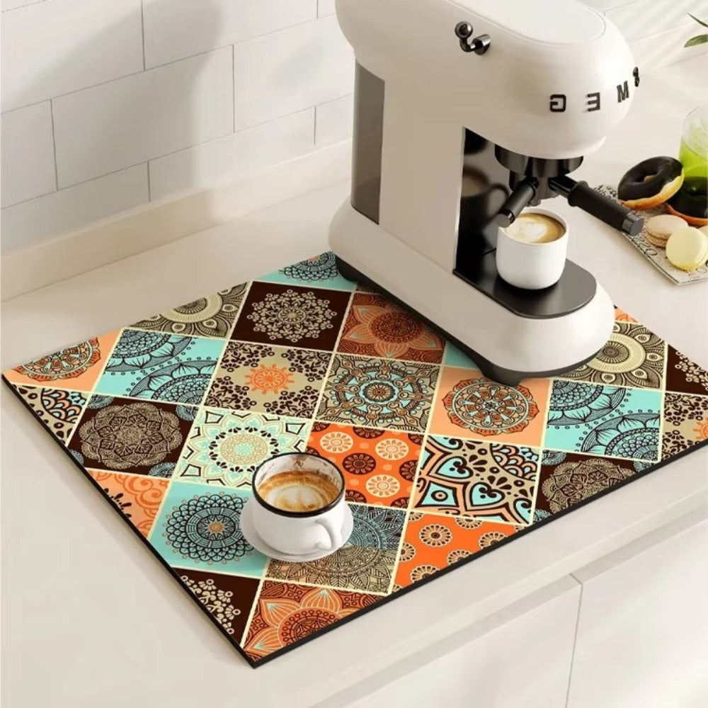 Colorful patterned mat with a coffee machine and cup on a kitchen counter.