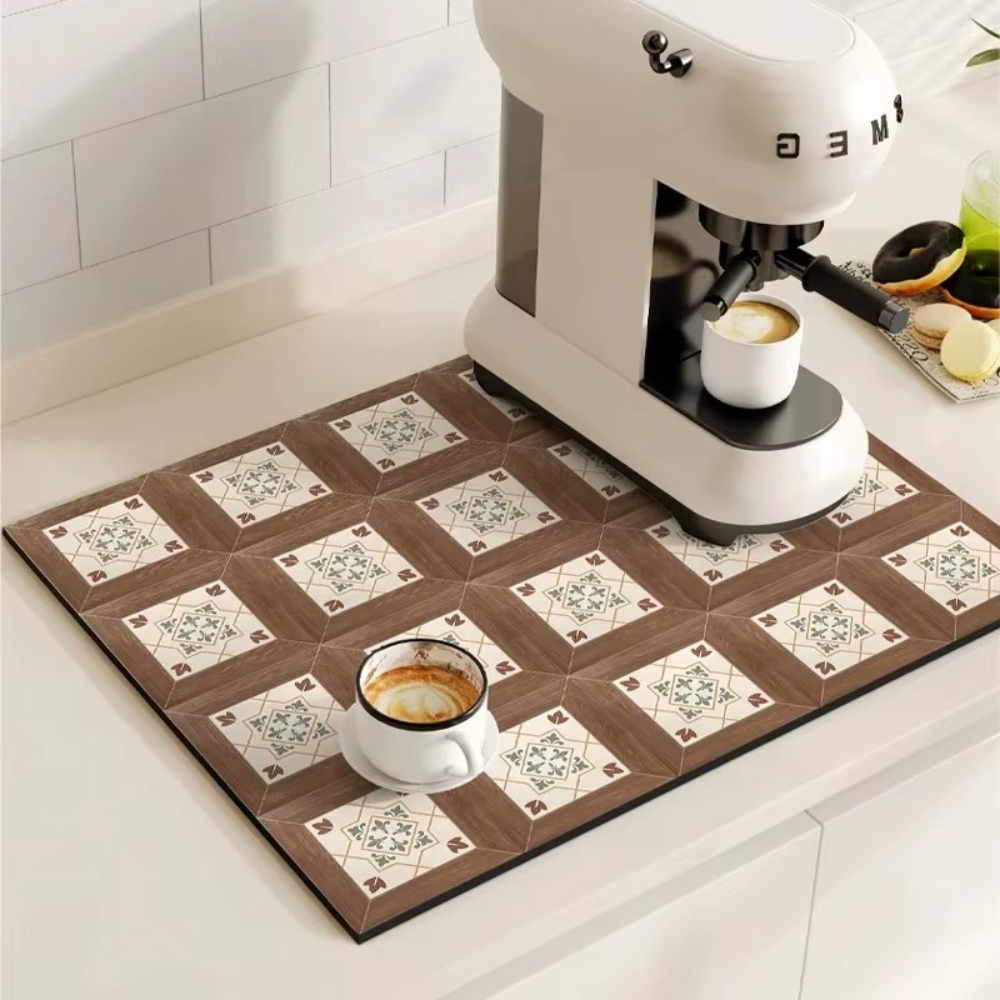 Smeg coffee machine on a decorative mat with two cups of coffee in a kitchen setting.