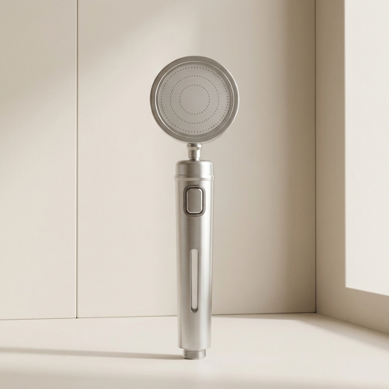 Handheld shower head on a neutral background