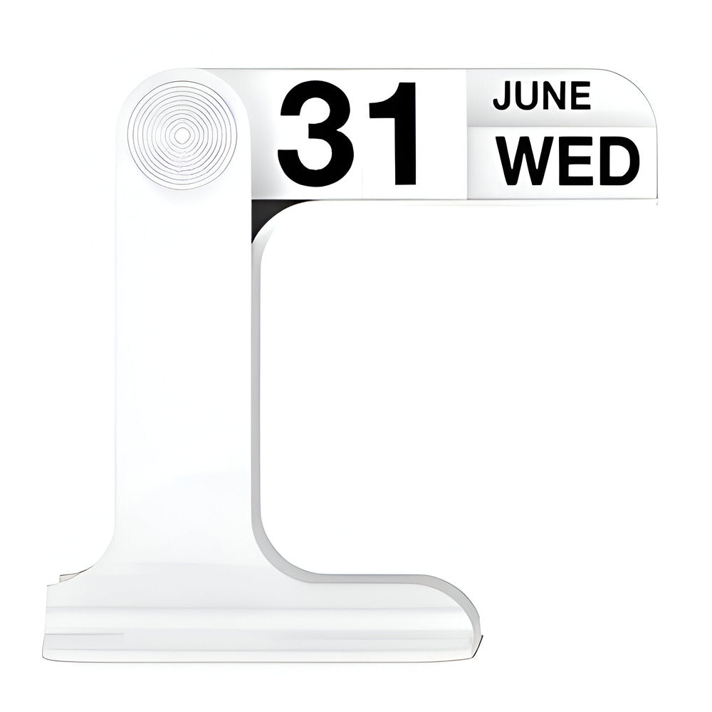 A modern minimalist desktop calendar stand made of clear acrylic, displaying the date '31 JUNE WED' in bold black text on a white panel, set against a solid white background.