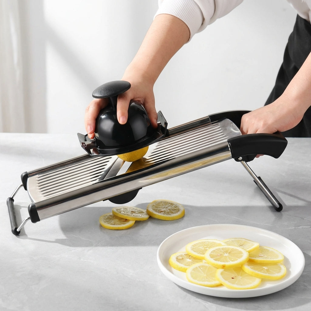 Adjustable Stainless Steel Mandoline Slicer with Safety Guard and Cut-Resistant Gloves – Best Veggie Slicer for Precision Cutting