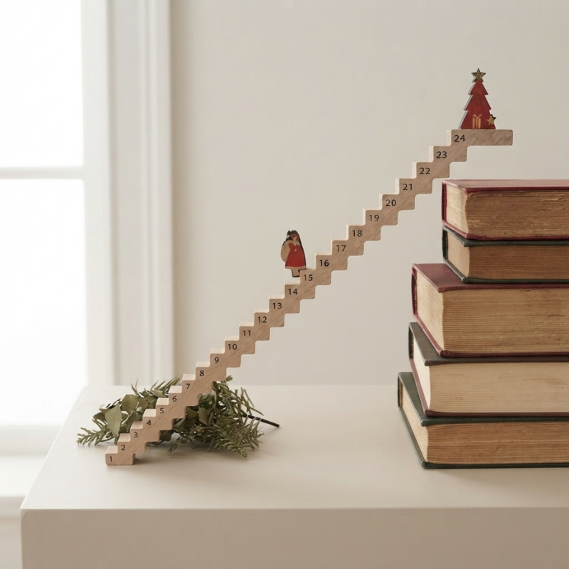 A wooden Advent calendar staircase with 24 numbered steps, decorated with small figurines and a tree, displayed on a white table next to a stack of books.