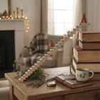A wooden Christmas advent staircase toy with numbered steps and small holiday figurines, displayed on a rustic wooden table in a cozy living room setting with books, a mug, and greenery.