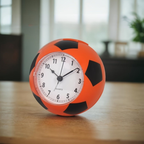 Orange and black soccer ball-shaped clock on a wooden surface with a blurred indoor background