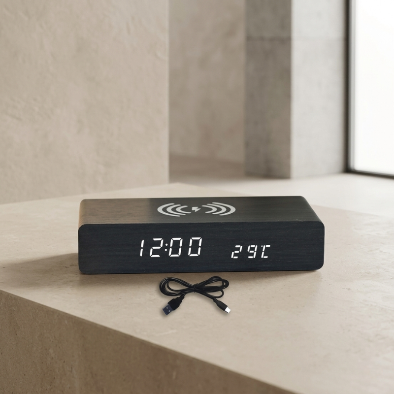 Digital clock with wireless charging pad on a light surface