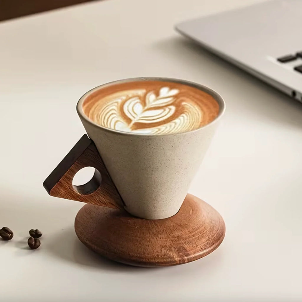 Espresso Cup Set Ceramic 180ml 250ml Wooden Handles 8