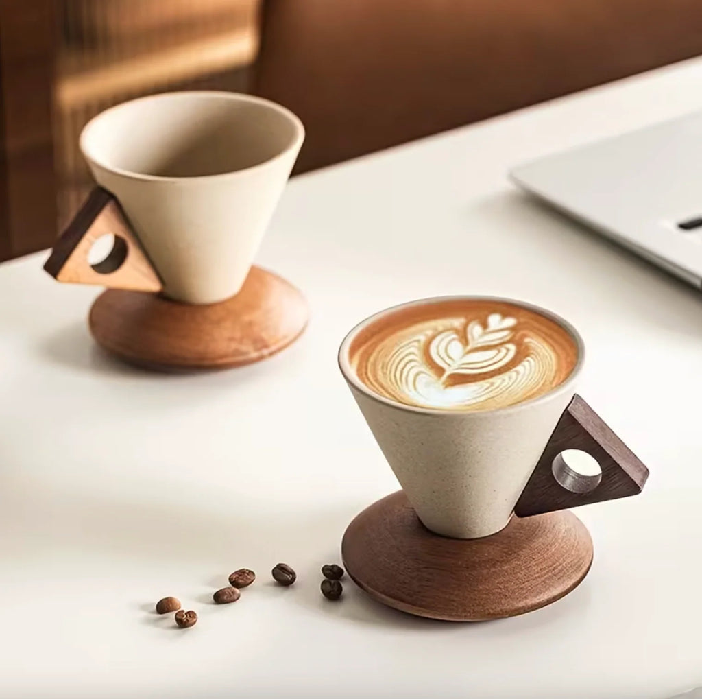 Espresso Cup Set Ceramic 180ml 250ml Wooden Handles 7