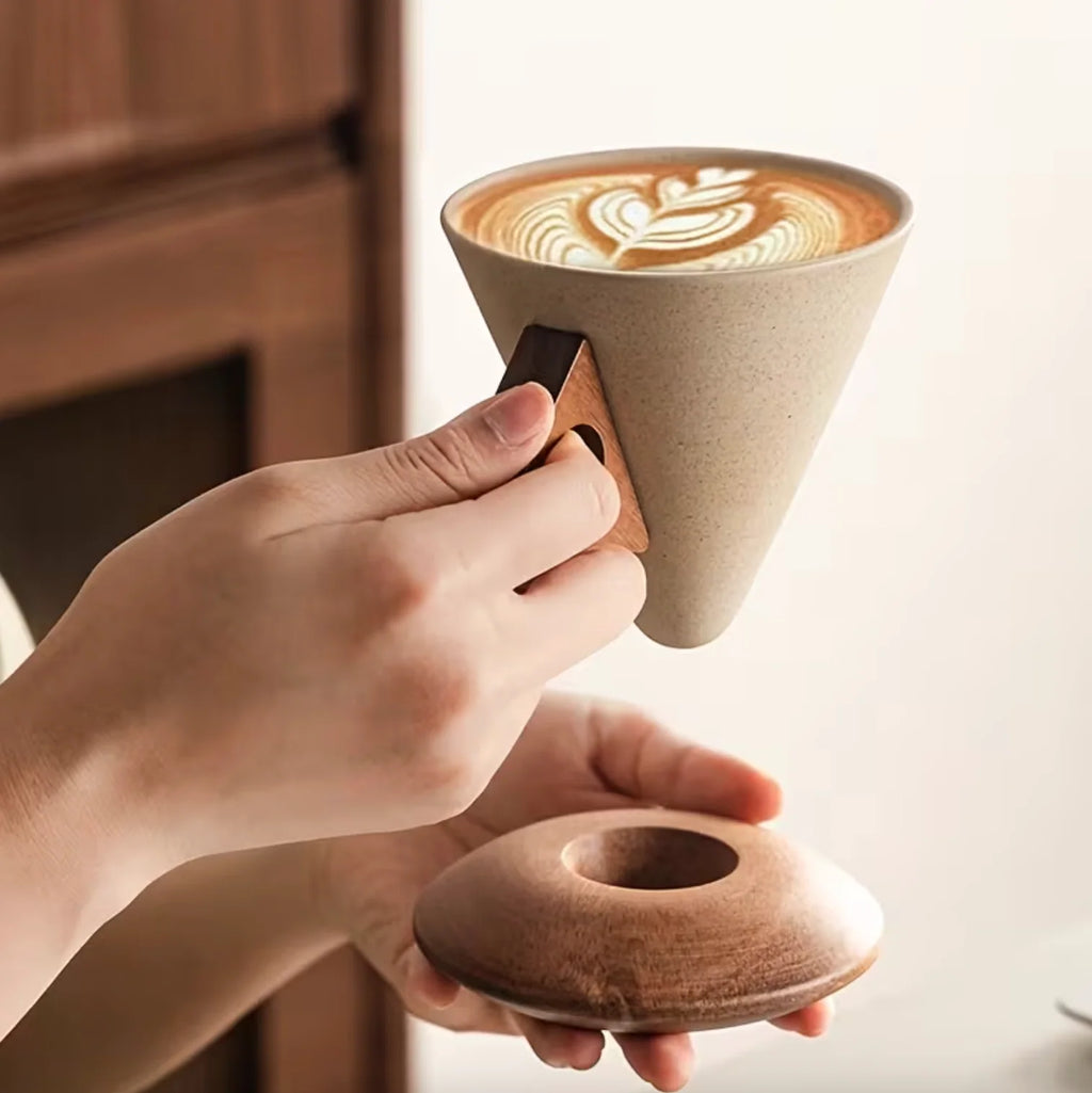 Espresso Cup Set Ceramic 180ml 250ml Wooden Handles 6