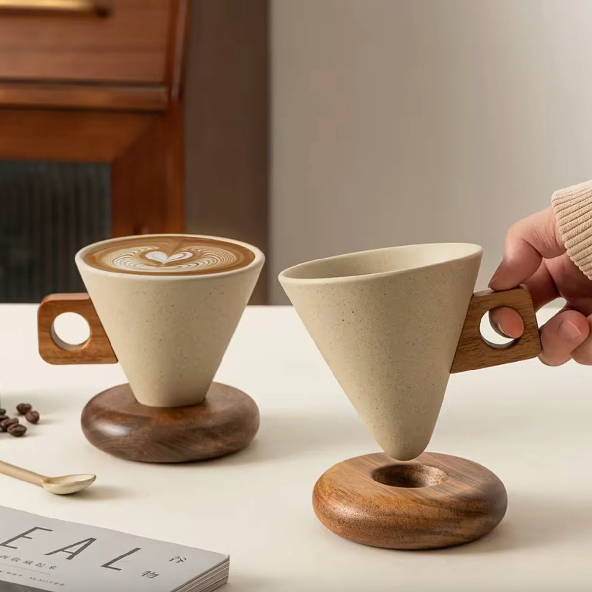 Espresso Cup Set Ceramic 180ml 250ml Wooden Handles 5