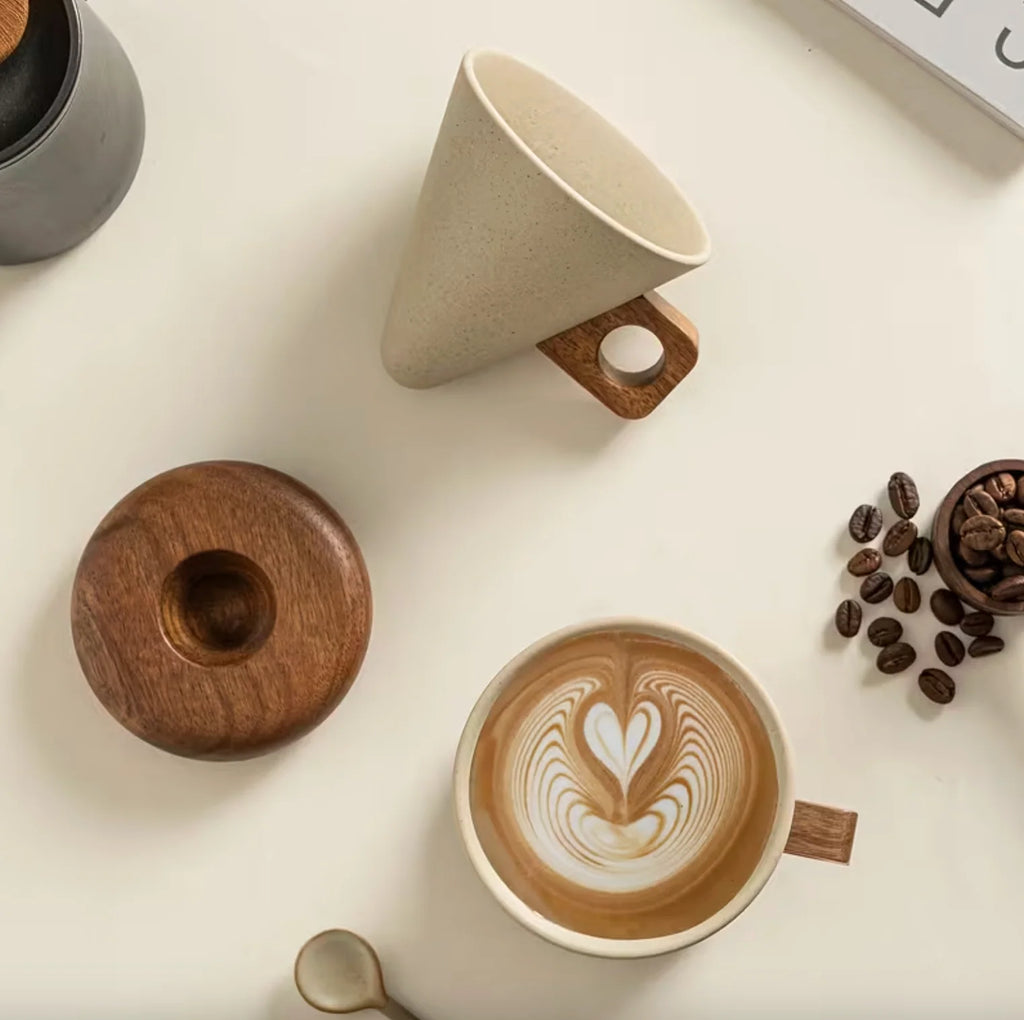 Espresso Cup Set Ceramic 180ml 250ml Wooden Handles 2