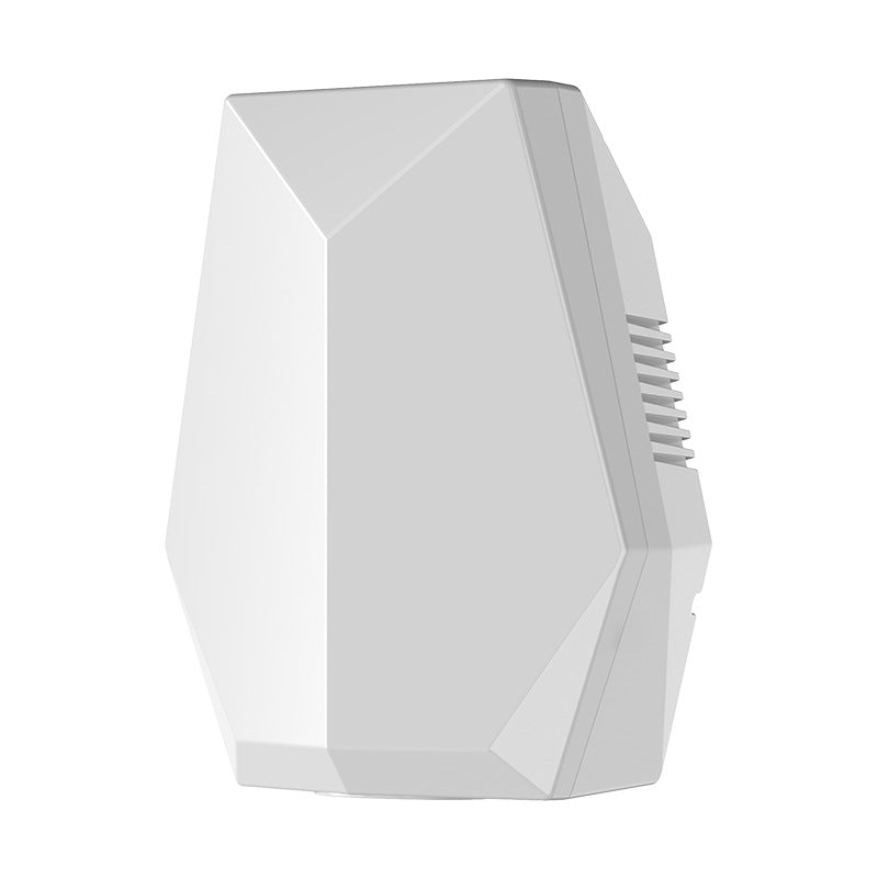 A white faceted geometric electronic device with a ribbed vented side, shown on a plain white background.