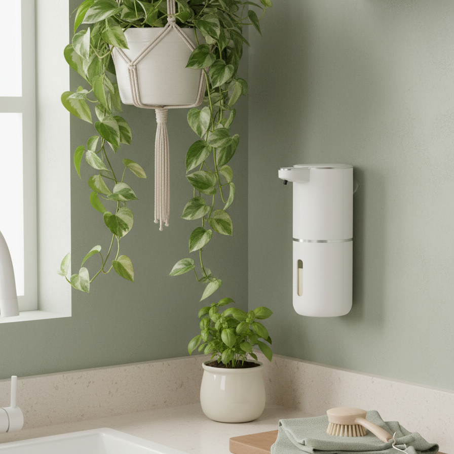Bathroom corner with a hanging plant, wall-mounted soap dispenser, and a sink.