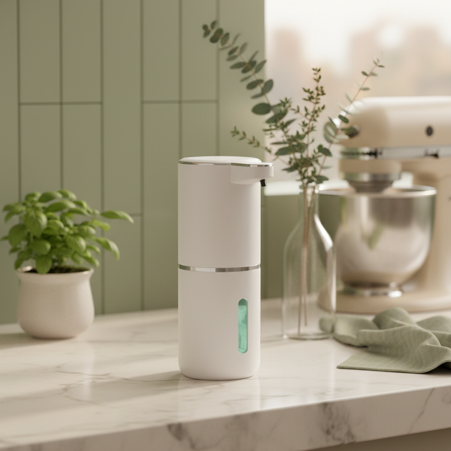 White and silver humidifier on a kitchen counter with greenery and a mixer in the background.