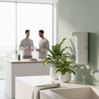 Wall-mounted soap dispenser next to a potted plant on a kitchen counter with a blurred background of two people.