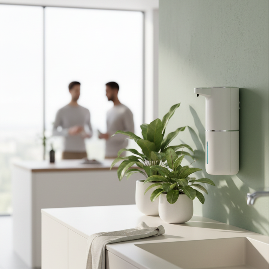 Wall-mounted soap dispenser next to a potted plant on a kitchen counter with a blurred background of two people.