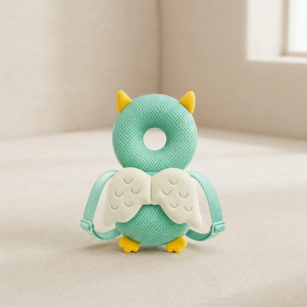 A mint green textured baby teether shaped like an owl, featuring yellow ears and feet, white wings, and adjustable straps, resting on a beige fabric surface.