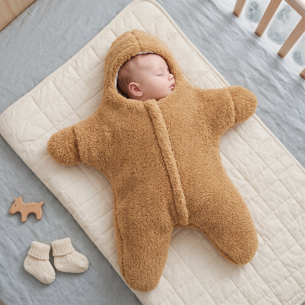 A newborn baby wearing a plush, star-shaped brown onesie sleep sack, lying on a cream quilted mattress. A pair of cream knit baby booties and a small wooden toy are placed nearby on a gray blanket.