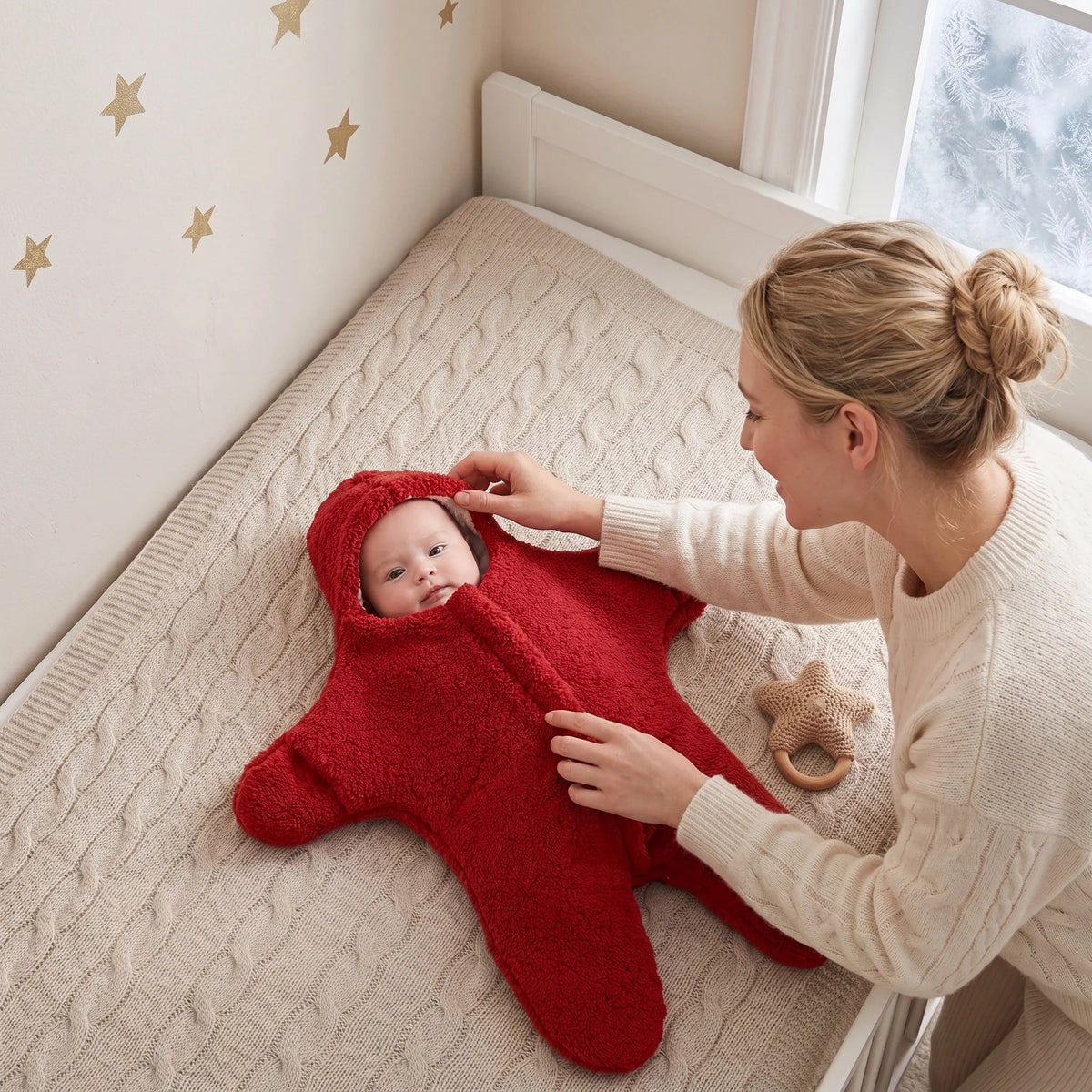 A baby in a red plush hooded swaddle lies on a cream quilted mattress while a woman in a cream sweater gently adjusts the swaddle near a window.