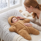 A baby wearing a plush hooded onesie lies on a white changing pad while a woman gently touches the baby's face. The room is softly lit, with a window in the background showing a snowy outdoor scene.
