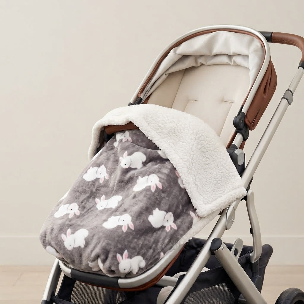 A baby stroller footmuff with a gray plush bunny print and a cream sherpa lining, shown on a stroller against a neutral indoor background.