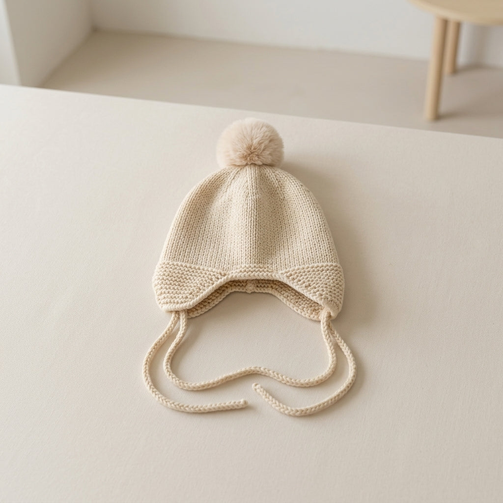 A cream-colored knit baby hat with a matching pom-pom and ear ties, displayed on a light beige surface.