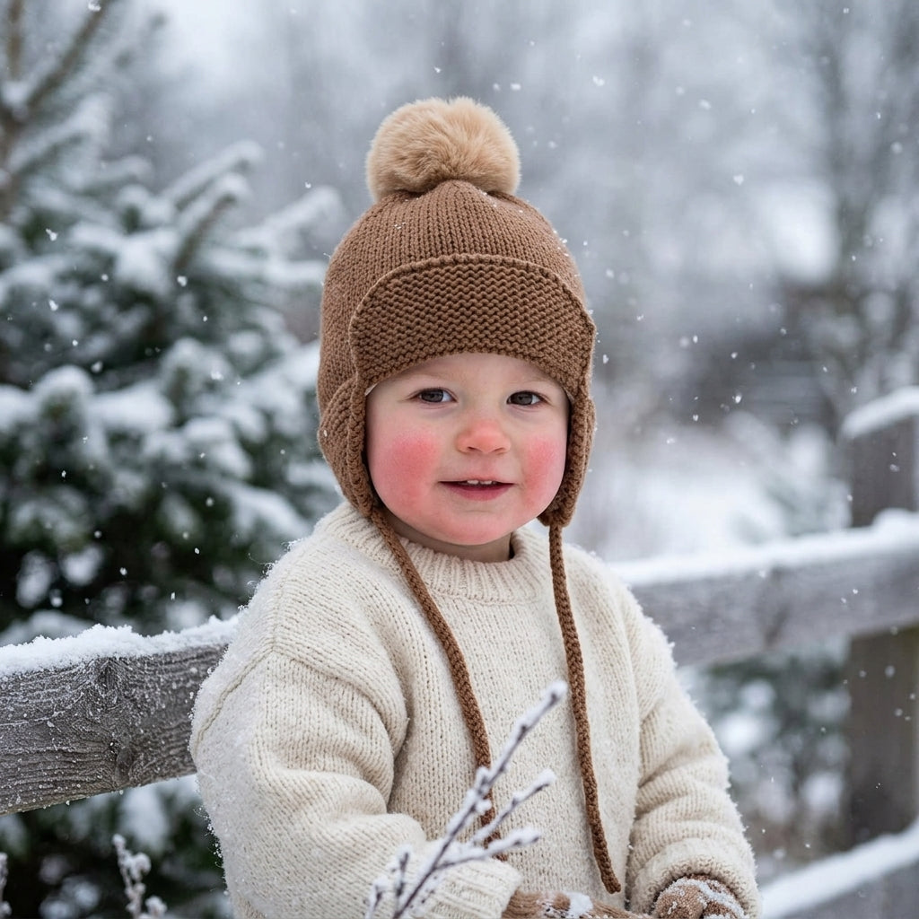 A baby wearing a brown knit pom-pom beanie and cream knit sweater, sitting outdoors in the snow next to a wooden fence.