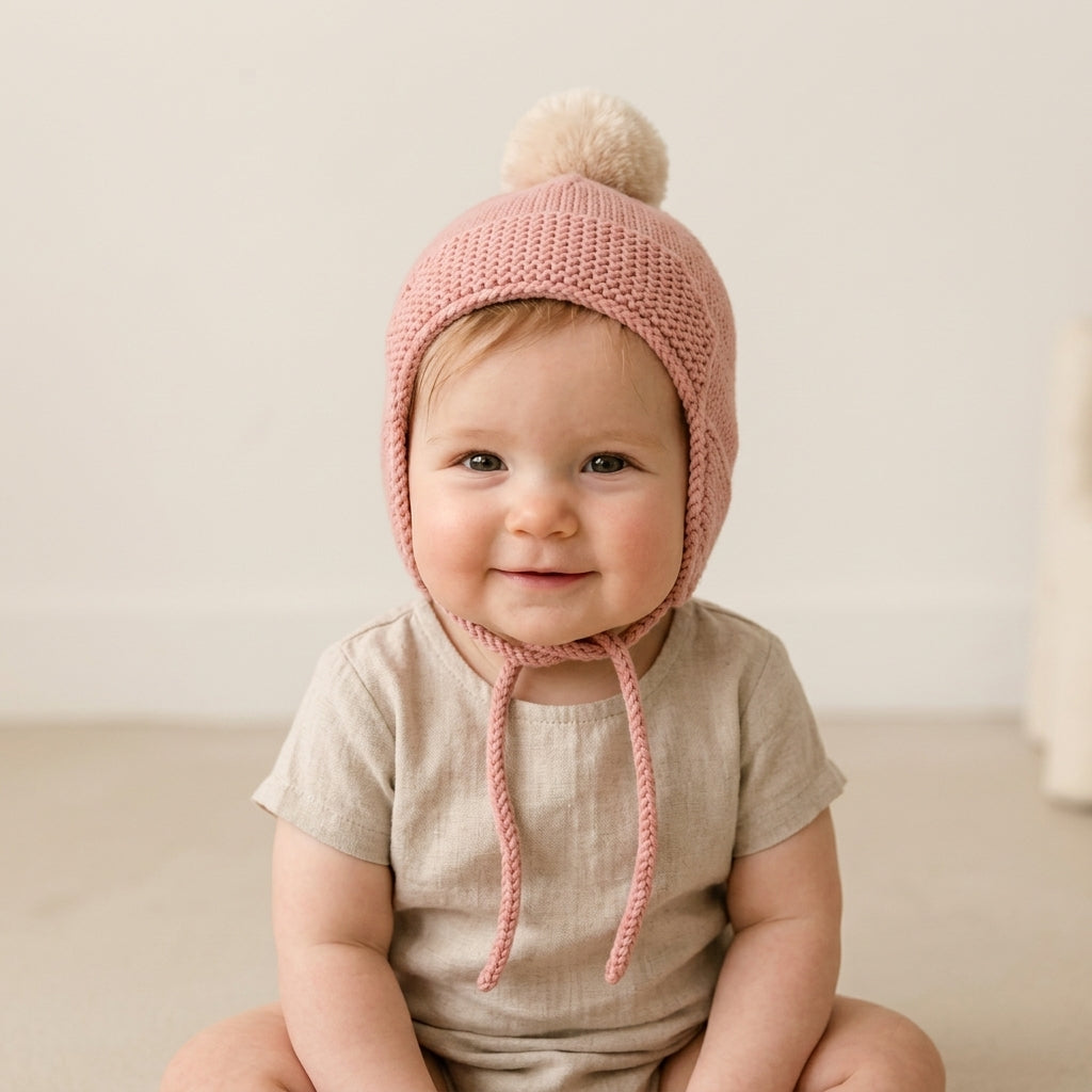 A baby wearing a dusty pink knit bonnet with ear flaps and a beige pom-pom, sitting against a soft neutral background.