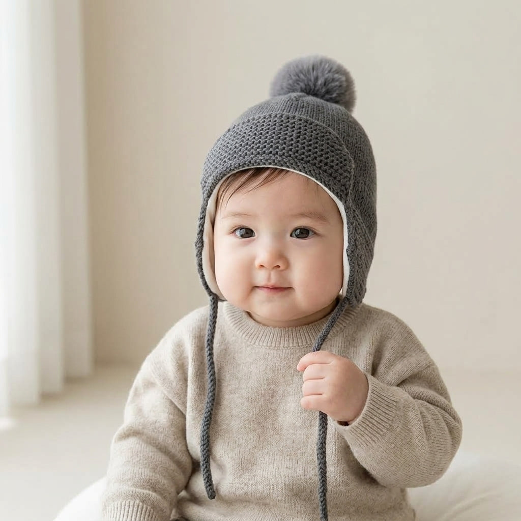A baby wearing a gray knit pom-pom beanie hat with ear flaps and drawstrings, paired with a beige knit sweater, in a softly lit indoor setting.