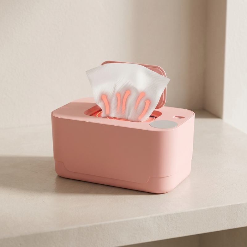 Pink tissue box with tissues on a light surface